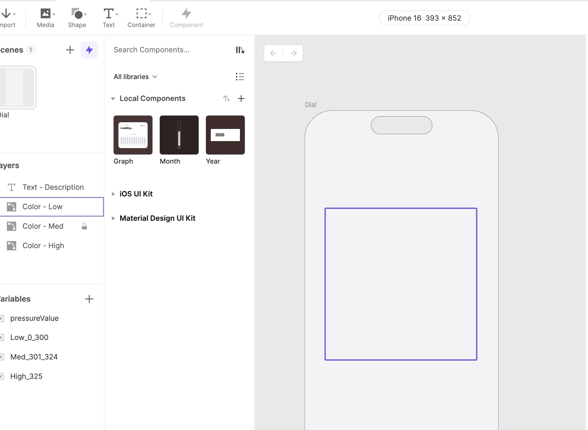 After removing the dial, I decided to keep the wording at the bottom to let the user know what pressure level they were at, but I had a hard time getting it to display properly. It wouldn’t appear on the screen, which led to a lot of troubleshooting. After testing different possibilities, I realized the text was still linked to the dial, which is why it wasn’t working once the dial was removed. Because of this, I realized I would likely need to create an entirely new design to make the pressure indicator function correctly.